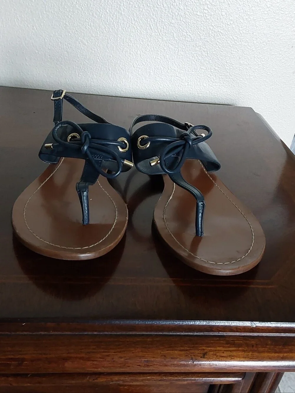 kate spade Black Strappy  Carolina Leather Thong Sandals with Brown Footbed